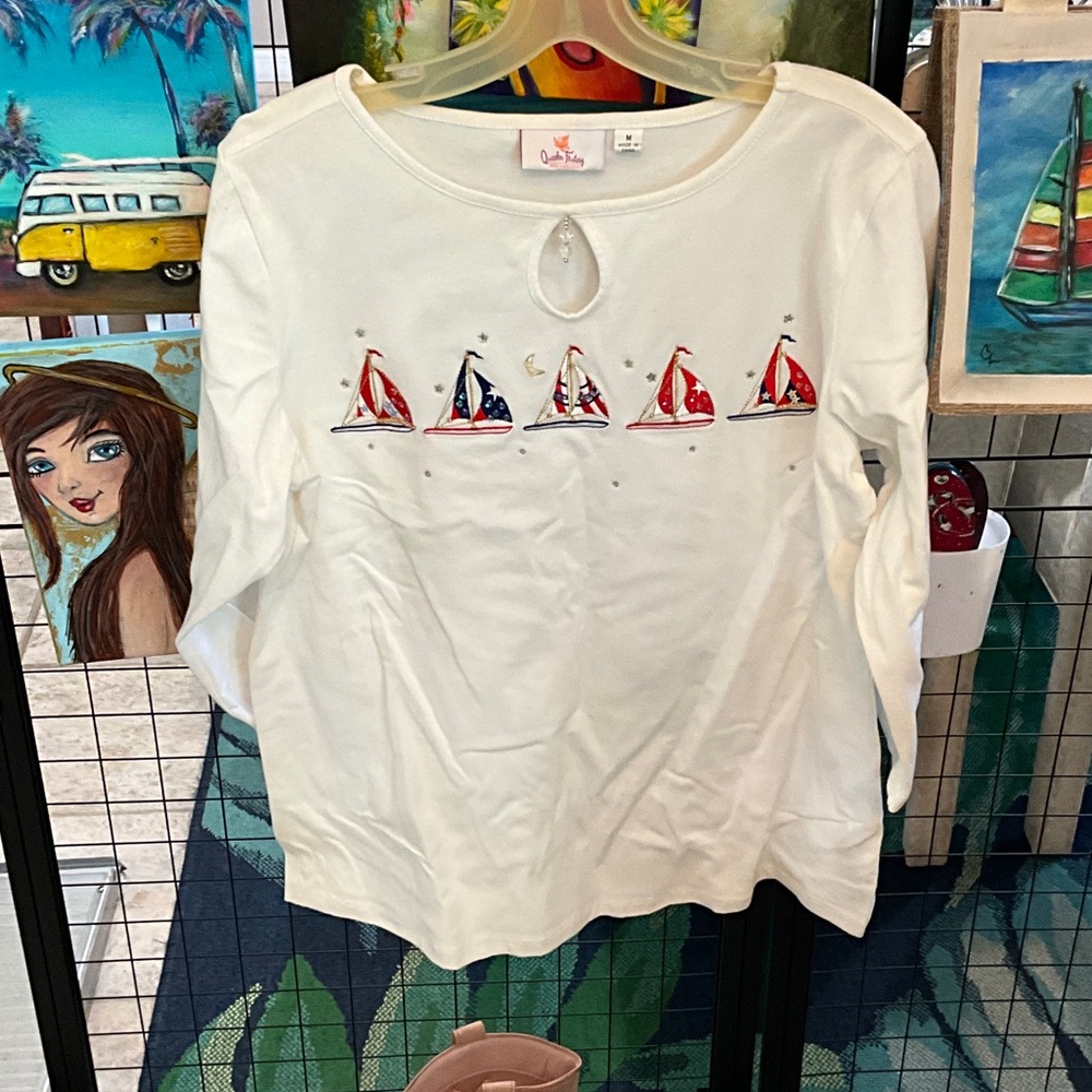 Quacker Factory White Long Sleeve Shirt with Sailboat Design